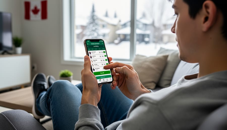 Person using smartphone sports betting app while watching hockey game