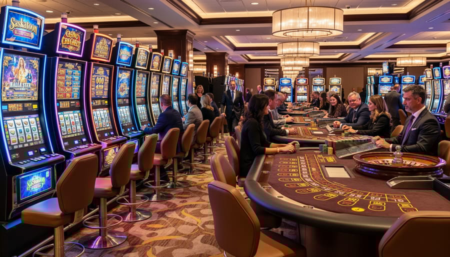 Interior view of casino gaming floor with slot machines and table games