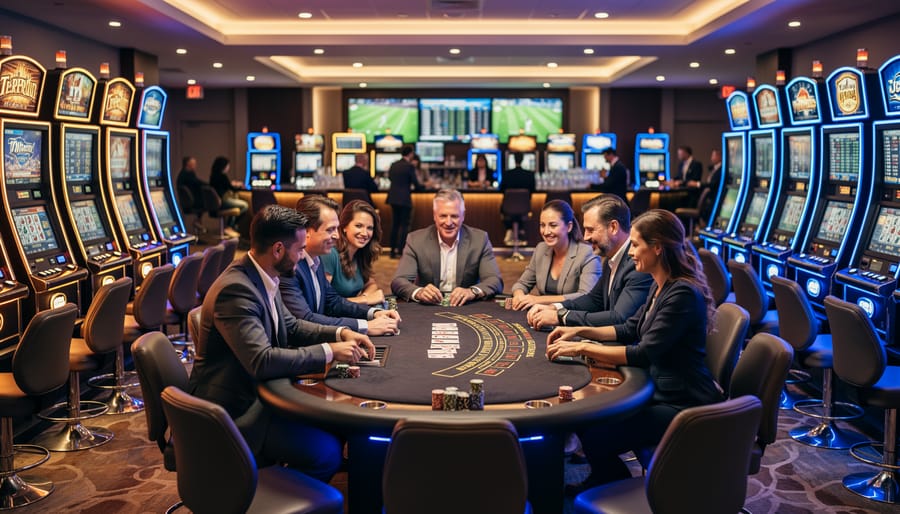 Eye-level wide view of a Saskatoon-area casino floor with a blackjack table and slot machines in the foreground, and softly blurred sports betting kiosks and lounge in the background under warm ambient lighting.