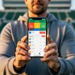 Hand holding a smartphone with a non-legible sports betting screen near a Saskatchewan football stadium at golden hour, with prairie grasses and stadium lights softly blurred in the background.