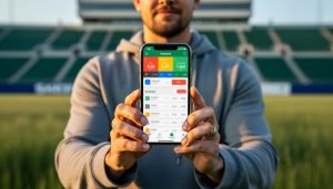 Hand holding a smartphone with a non-legible sports betting screen near a Saskatchewan football stadium at golden hour, with prairie grasses and stadium lights softly blurred in the background.