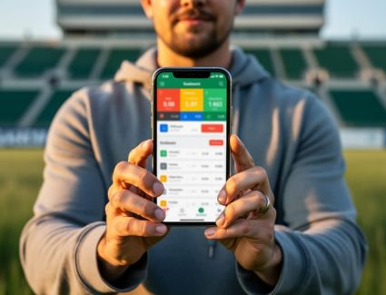 Hand holding a smartphone with a non-legible sports betting screen near a Saskatchewan football stadium at golden hour, with prairie grasses and stadium lights softly blurred in the background.
