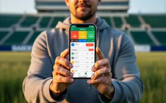 Hand holding a smartphone with a non-legible sports betting screen near a Saskatchewan football stadium at golden hour, with prairie grasses and stadium lights softly blurred in the background.