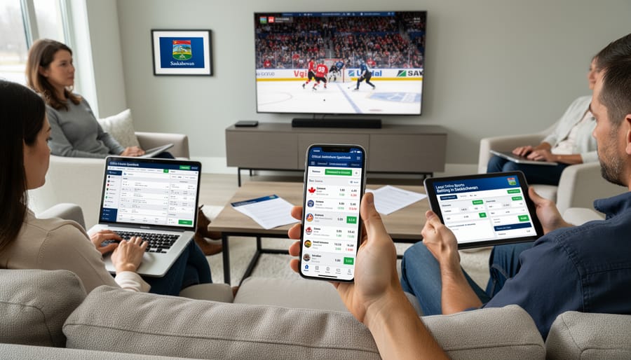 Person holding smartphone with sports betting app in Saskatchewan