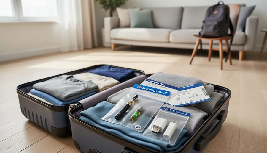 CBD vape device and travel essentials arranged in airport security tray