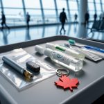 CBD vape pen and small cartridge sealed in a clear bag on an organized carry-on within an airport security tray, accompanied by a red maple leaf keychain and a softly blurred terminal background.