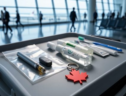 CBD vape pen and small cartridge sealed in a clear bag on an organized carry-on within an airport security tray, accompanied by a red maple leaf keychain and a softly blurred terminal background.