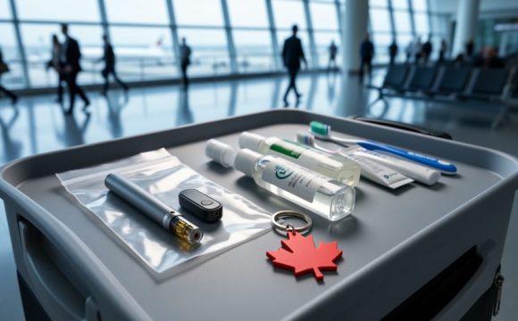 CBD vape pen and small cartridge sealed in a clear bag on an organized carry-on within an airport security tray, accompanied by a red maple leaf keychain and a softly blurred terminal background.
