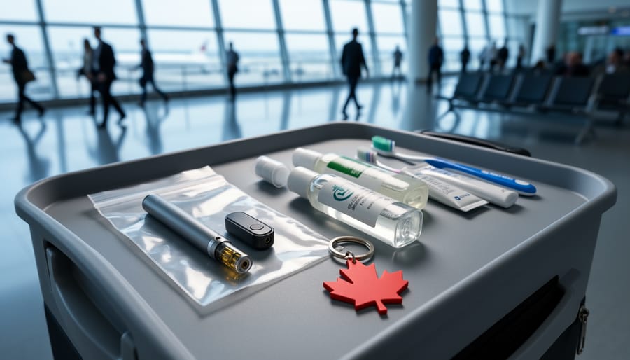CBD vape pen and small cartridge sealed in a clear bag on an organized carry-on within an airport security tray, accompanied by a red maple leaf keychain and a softly blurred terminal background.