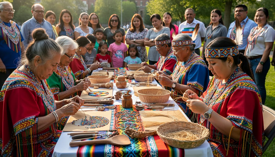Close-up of Indigenous artisan hands working on traditional beadwork craft