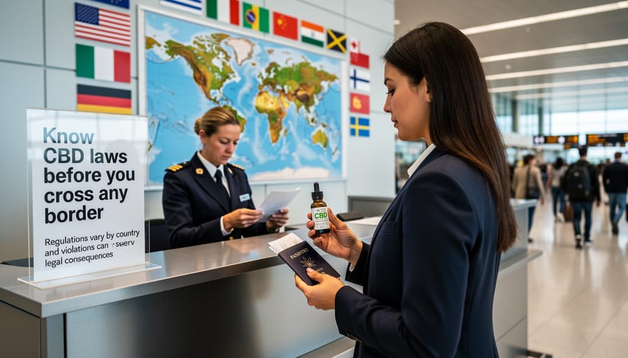 Traveler holding CBD vape product with international airport departure board in background