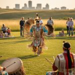 Indigenous powwow dancer in colorful traditional regalia performs outdoors at Wanuskewin Heritage Park near Saskatoon at golden hour, with a drum group nearby and tipis on the prairie softly blurred in the background.