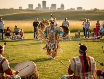 Indigenous powwow dancer in colorful traditional regalia performs outdoors at Wanuskewin Heritage Park near Saskatoon at golden hour, with a drum group nearby and tipis on the prairie softly blurred in the background.