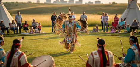 Indigenous powwow dancer in colorful traditional regalia performs outdoors at Wanuskewin Heritage Park near Saskatoon at golden hour, with a drum group nearby and tipis on the prairie softly blurred in the background.