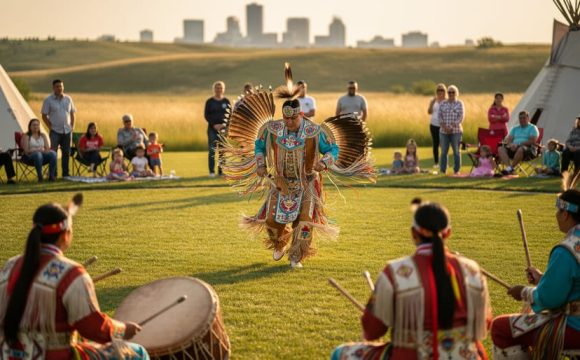 Indigenous powwow dancer in colorful traditional regalia performs outdoors at Wanuskewin Heritage Park near Saskatoon at golden hour, with a drum group nearby and tipis on the prairie softly blurred in the background.