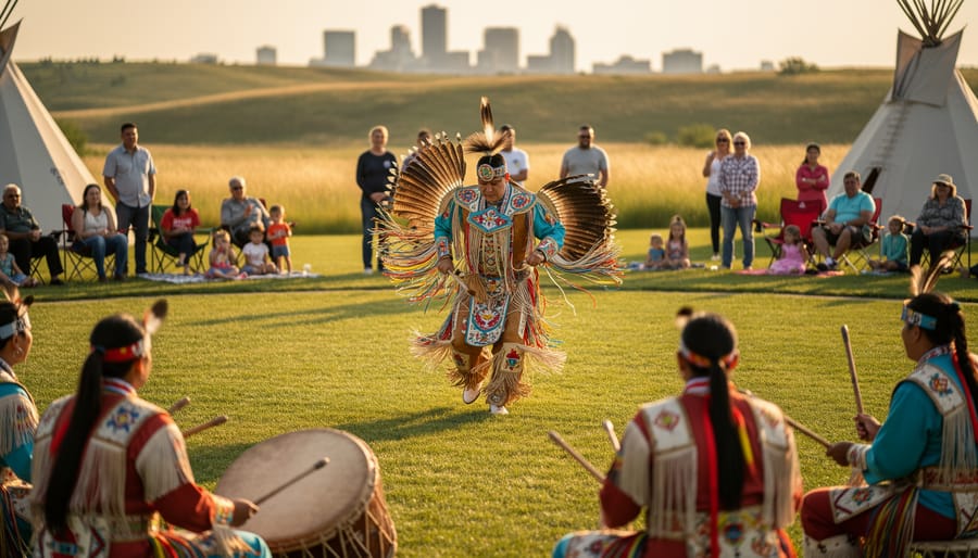 Indigenous powwow dancer in colorful traditional regalia performs outdoors at Wanuskewin Heritage Park near Saskatoon at golden hour, with a drum group nearby and tipis on the prairie softly blurred in the background.