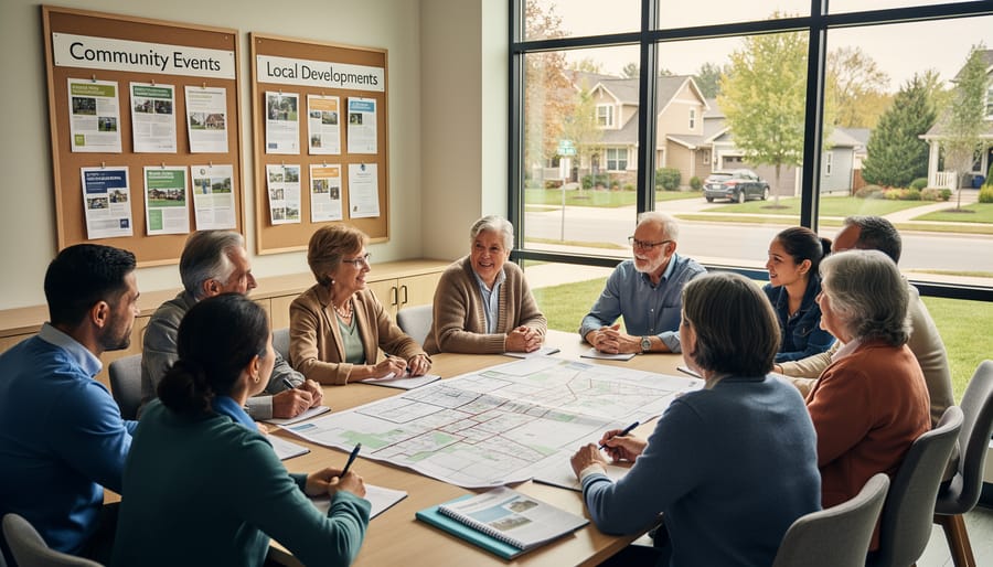 Group of neighbours meeting and talking in residential neighbourhood during summer