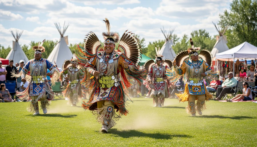 Indigenous dancers in traditional regalia performing at outdoor powwow celebration