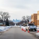 Late-winter Saskatoon residential street with older bungalows, a new infill home under construction, orange roadwork cones, and an unbranded utility truck, with bare trees, snowbanks, and a faint city skyline in the distance.