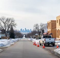 Late-winter Saskatoon residential street with older bungalows, a new infill home under construction, orange roadwork cones, and an unbranded utility truck, with bare trees, snowbanks, and a faint city skyline in the distance.