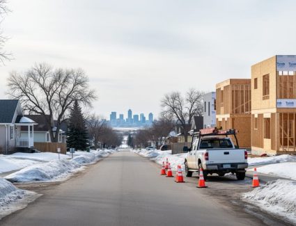 Late-winter Saskatoon residential street with older bungalows, a new infill home under construction, orange roadwork cones, and an unbranded utility truck, with bare trees, snowbanks, and a faint city skyline in the distance.
