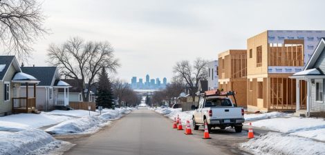 Late-winter Saskatoon residential street with older bungalows, a new infill home under construction, orange roadwork cones, and an unbranded utility truck, with bare trees, snowbanks, and a faint city skyline in the distance.