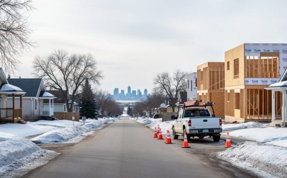 Late-winter Saskatoon residential street with older bungalows, a new infill home under construction, orange roadwork cones, and an unbranded utility truck, with bare trees, snowbanks, and a faint city skyline in the distance.
