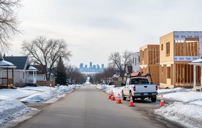 Late-winter Saskatoon residential street with older bungalows, a new infill home under construction, orange roadwork cones, and an unbranded utility truck, with bare trees, snowbanks, and a faint city skyline in the distance.