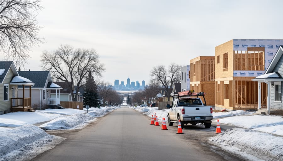 Late-winter Saskatoon residential street with older bungalows, a new infill home under construction, orange roadwork cones, and an unbranded utility truck, with bare trees, snowbanks, and a faint city skyline in the distance.