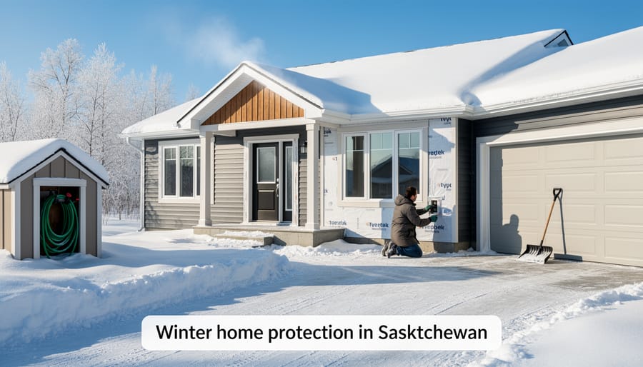 Homeowner installing weatherstripping on exterior door for winter protection
