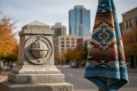 Autumn street scene featuring symbolic monument and woven fabric representing Columbus Day and Indigenous Peoples Day, with no readable text.