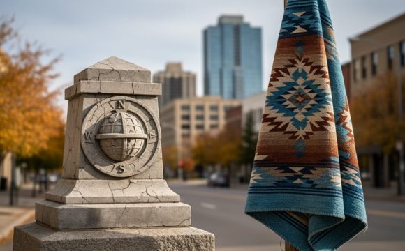 Autumn street scene featuring symbolic monument and woven fabric representing Columbus Day and Indigenous Peoples Day, with no readable text.