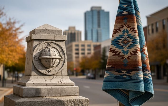 Autumn street scene featuring symbolic monument and woven fabric representing Columbus Day and Indigenous Peoples Day, with no readable text.