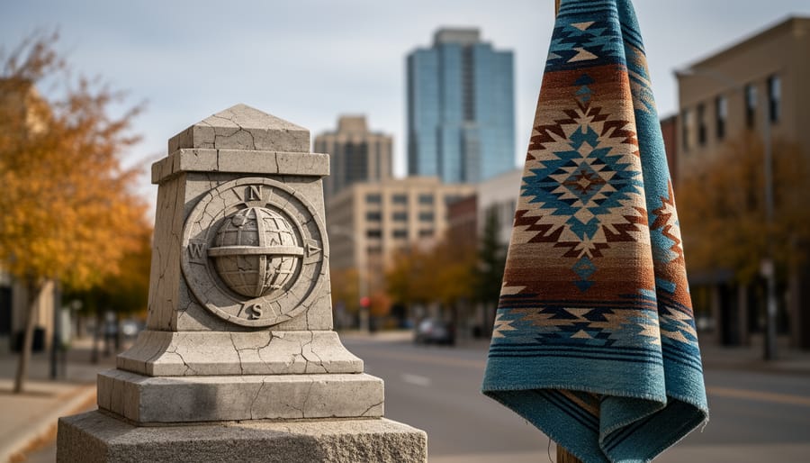 Autumn street scene featuring symbolic monument and woven fabric representing Columbus Day and Indigenous Peoples Day, with no readable text.