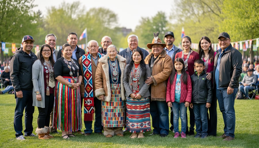 Group of First Nations, Inuit, and Métis people standing together outdoors in respectful celebratory clothing