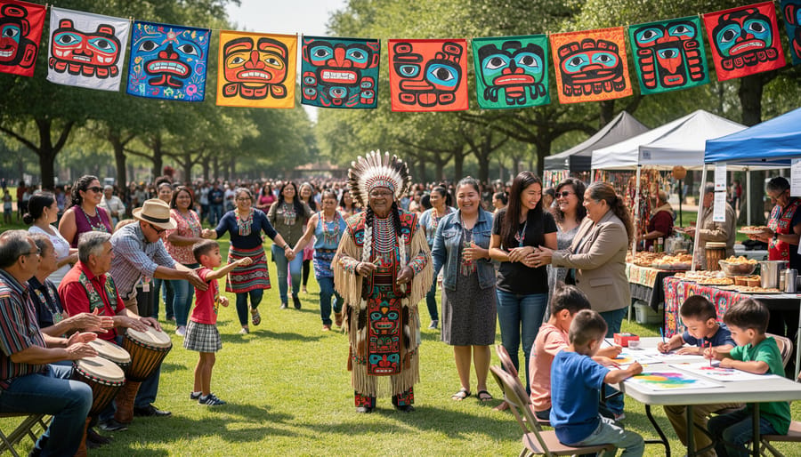 People holding hands outdoors at a community cultural gathering