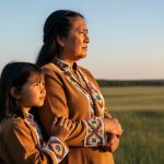 Indigenous mother and child standing on the Saskatchewan prairie during golden hour with a soft-focus treeline in the background.