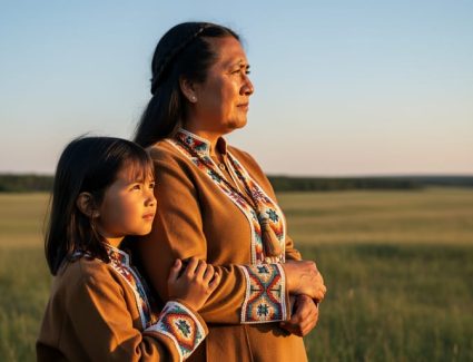 Indigenous mother and child standing on the Saskatchewan prairie during golden hour with a soft-focus treeline in the background.
