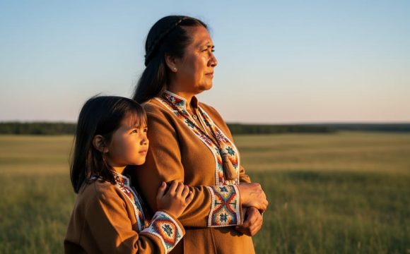 Indigenous mother and child standing on the Saskatchewan prairie during golden hour with a soft-focus treeline in the background.