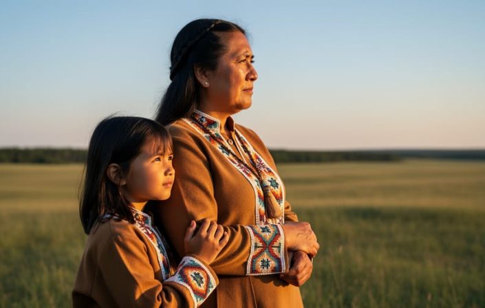 Indigenous mother and child standing on the Saskatchewan prairie during golden hour with a soft-focus treeline in the background.