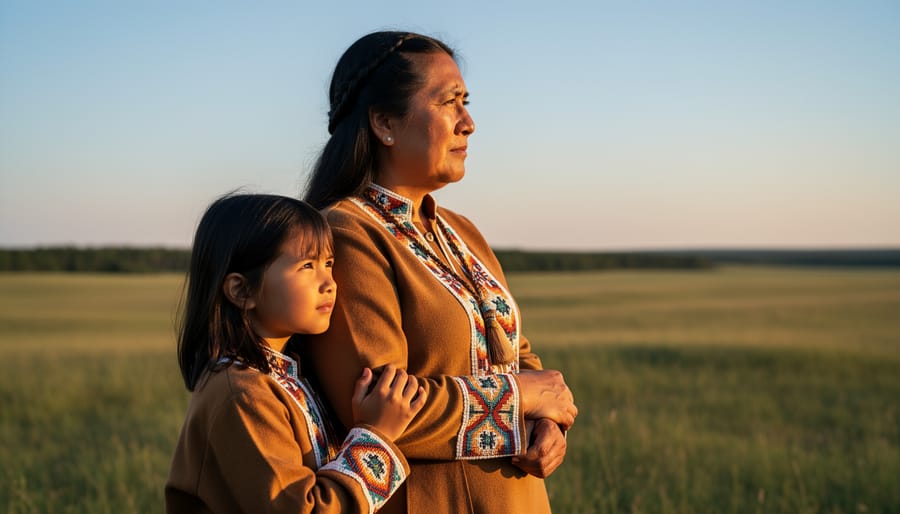 Indigenous mother and child standing on the Saskatchewan prairie during golden hour with a soft-focus treeline in the background.