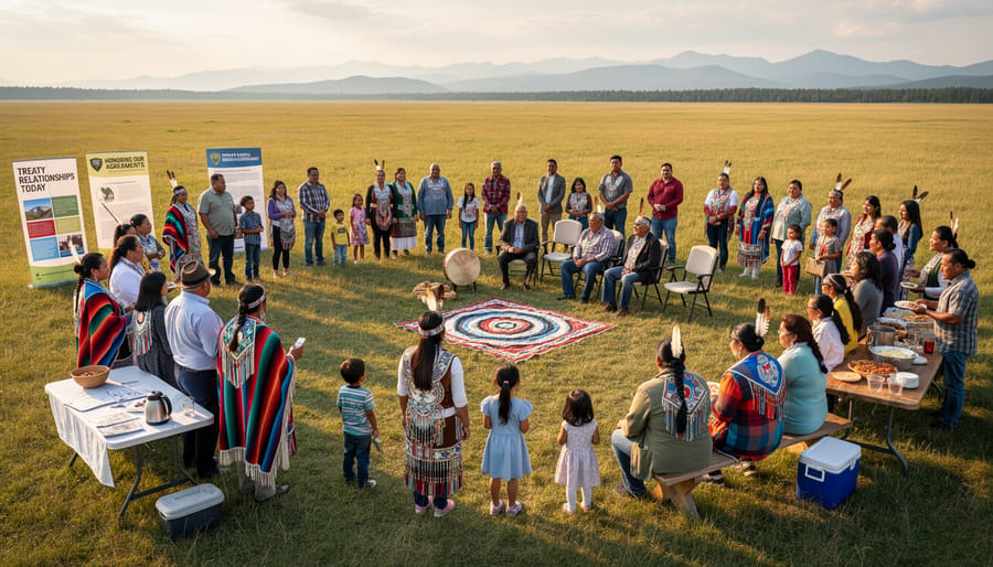 Elder holding a traditional drum during a community gathering on the prairie at golden hour
