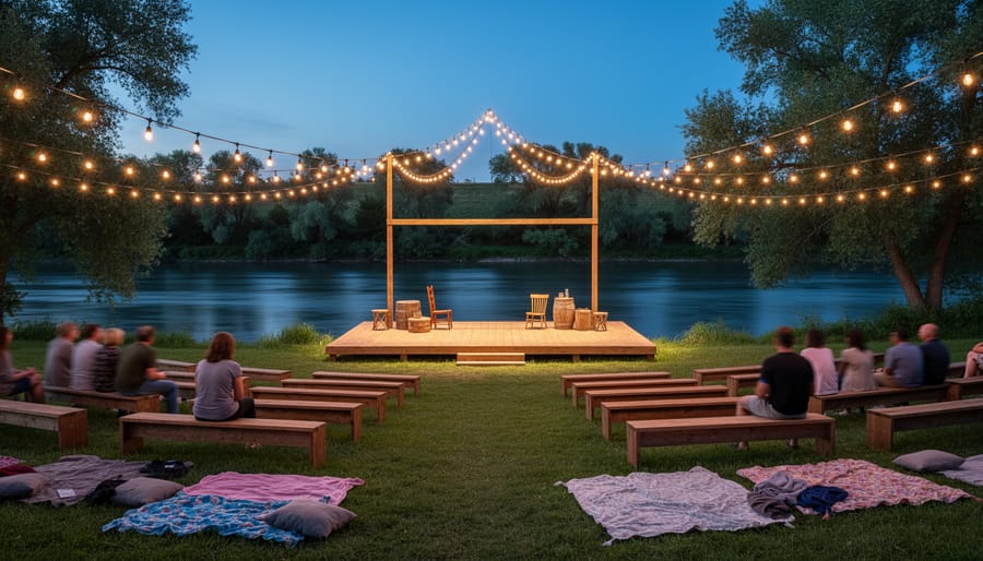 A nighttime open-air theatre stage with string lights and a silhouetted actor holding a script.