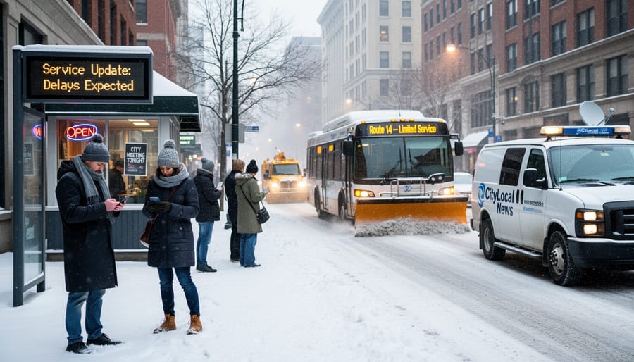 A person in winter clothing checks a smartphone for local updates on a snowy Moose Jaw street while the background is softly blurred.
