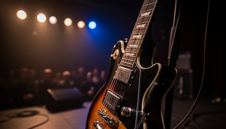 Acoustic guitar and singer silhouette on a live music stage