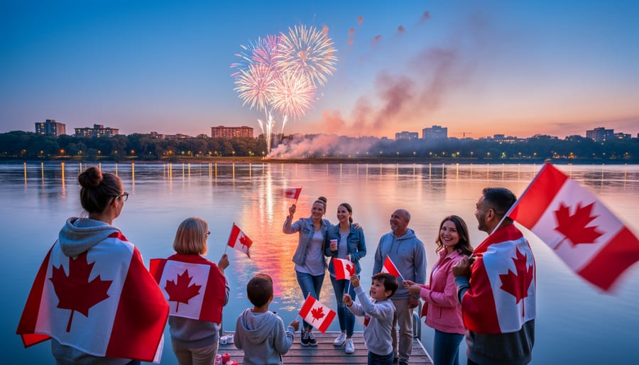 Families gather along a waterfront at twilight with Canadian flags, with fireworks lighting the sky and reflecting on the water.