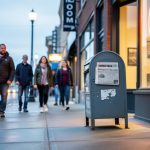 “People walking along a Moose Jaw street past a newspaper box and storefront, suggesting local news in everyday life”