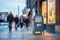 “People walking along a Moose Jaw street past a newspaper box and storefront, suggesting local news in everyday life”