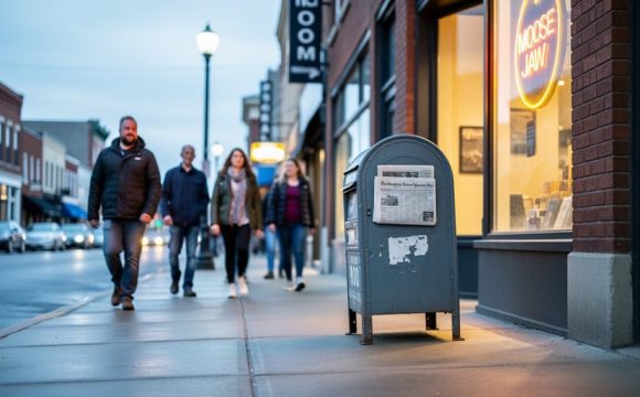 “People walking along a Moose Jaw street past a newspaper box and storefront, suggesting local news in everyday life”