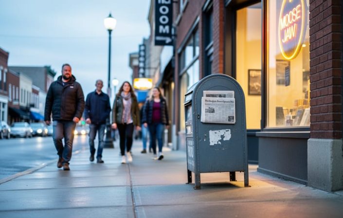 “People walking along a Moose Jaw street past a newspaper box and storefront, suggesting local news in everyday life”